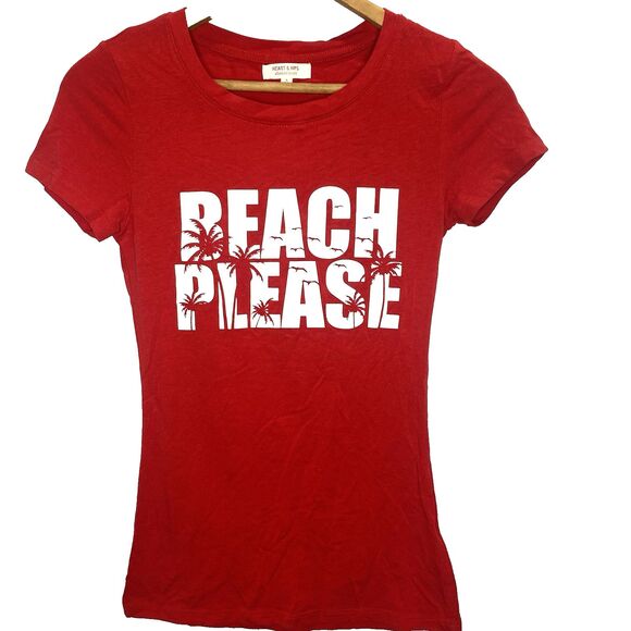 HEART & HIPS T-Shirt Cap Sleeve Graphic Beach Please Fitted Top Womens S Red - Picture 1 of 9